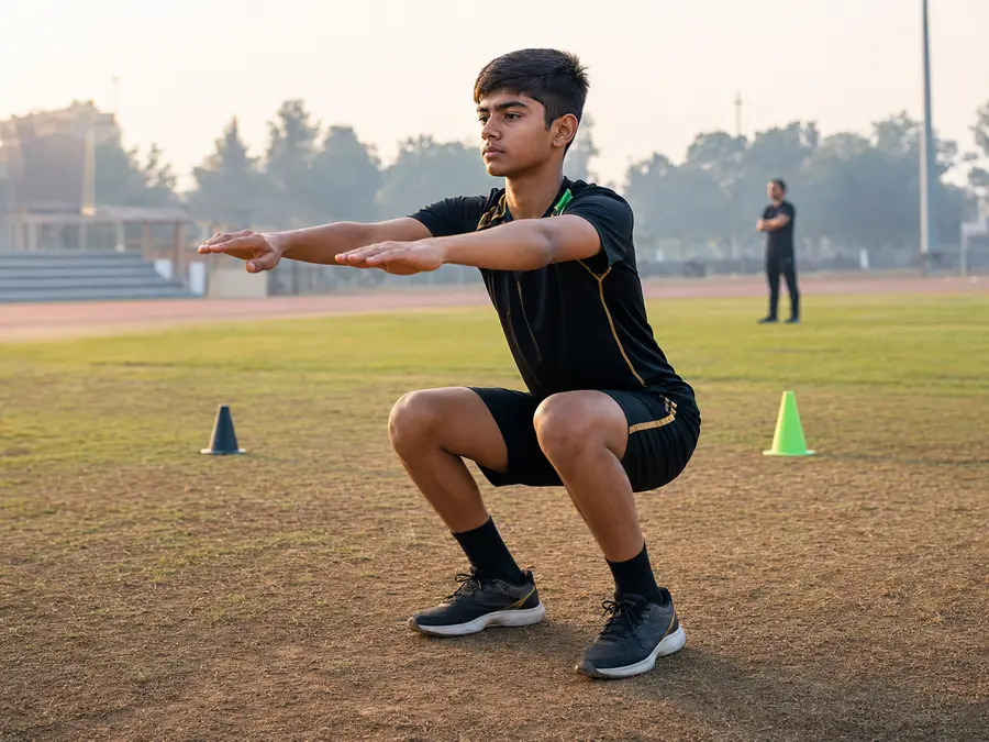 Under-18 athlete demonstrating safe bodyweight squats for KFS lap two
