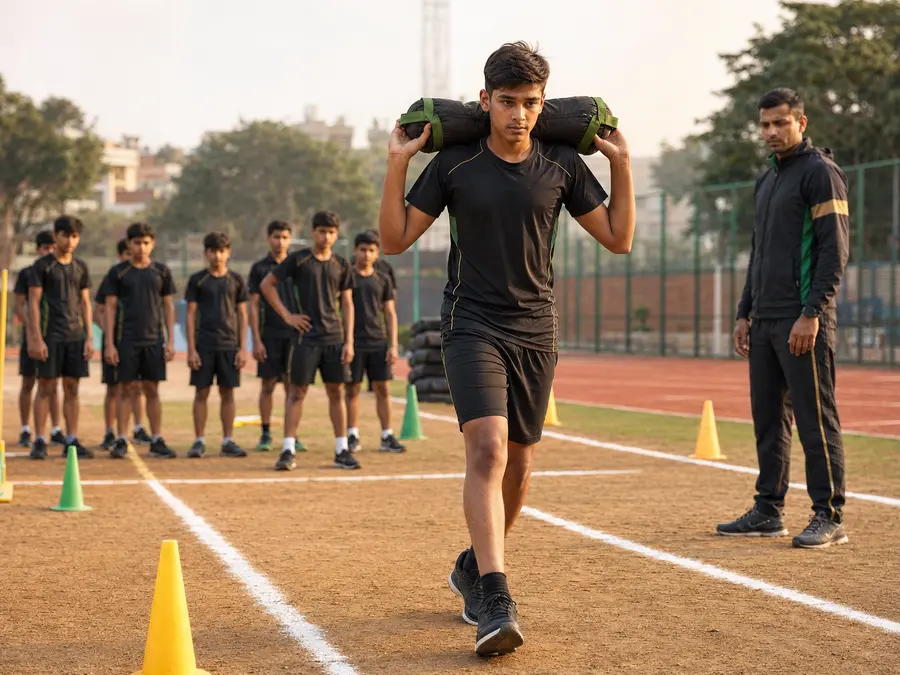 Under-18 athlete performing a supervised light sandbag carry for KFS lap three