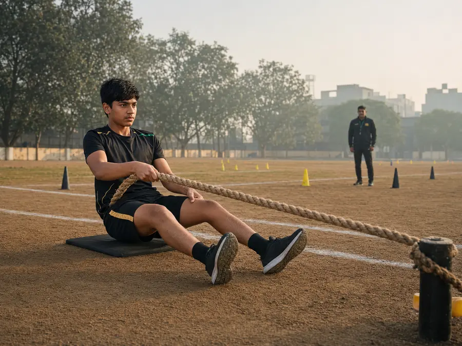 Under-18 athlete performing a safe seated rope pull for KFS lap four